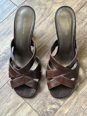 Liz Claiborne Brown Leather slide heels Women's Size 8.5 ~3.5"  pre-owned